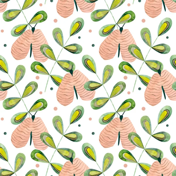 Seamless watercolor floral pattern with green leaves and butterflies on white background — стоковое фото