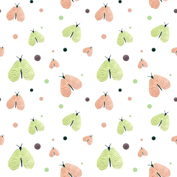 Seamless watercolor natural pattern with pink and green butterflies on white background — 图库照片