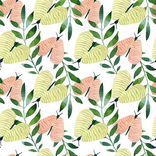 Seamless watercolor floral pattern with green leaves and butterflies on white background — стоковое фото