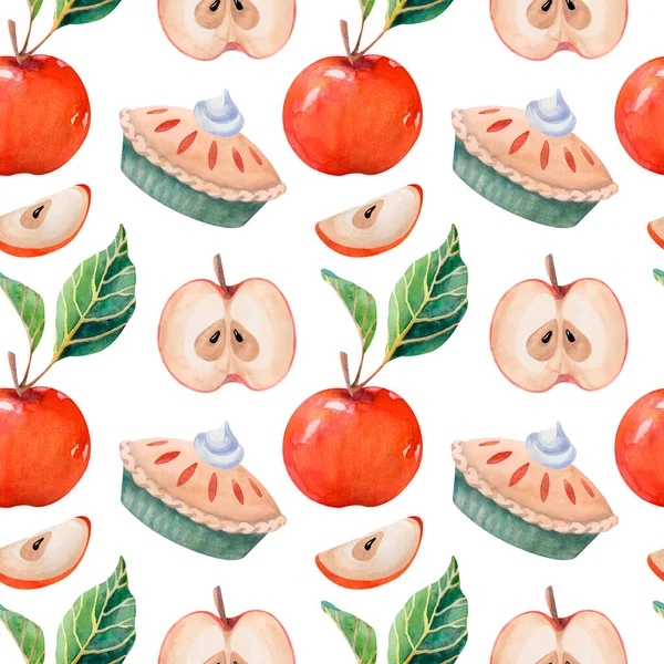 Akvarell mönster med freah röda äpplen och välsmakande äppelpaj — Stockfoto