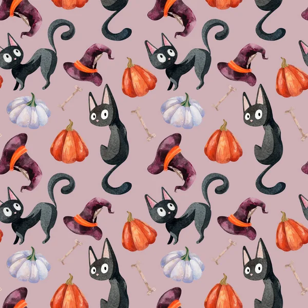 Watercolor Halloween pattern with black cats, pumpkins and witch hat — Stockfoto