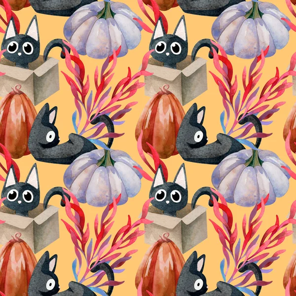Акварель осінь Хеллоуїн візерунок з чорними кішками, милими гарбузами і магічними червоними рослинами — стокове фото