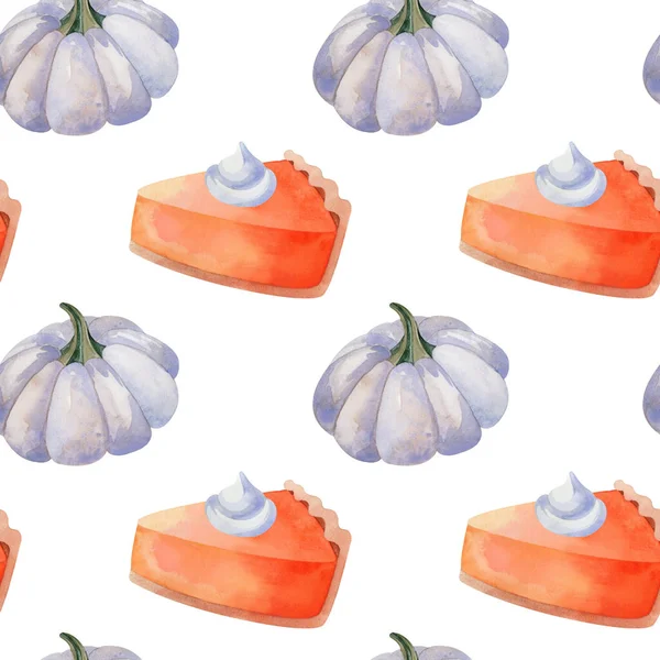 Акварельна осінь Загадковий візерунок з гарбузовим пирогом і гарбузом — стокове фото
