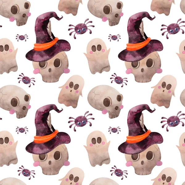 Watercolor Halloween pattern with sculls, ghost and spiders — Stockfoto