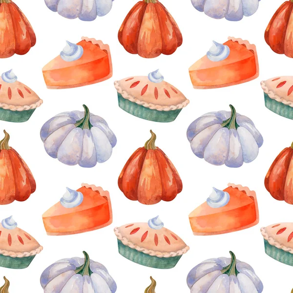 Акварельна осінь Хеллоуїн візерунок з гарбузовим пирогом, синім гарбузом і апельсиновим гарбузом — стокове фото