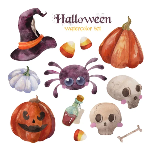 Halloween watercolor set with pumpkin Jack, sculls, cute spider and witch hat — Stockfoto
