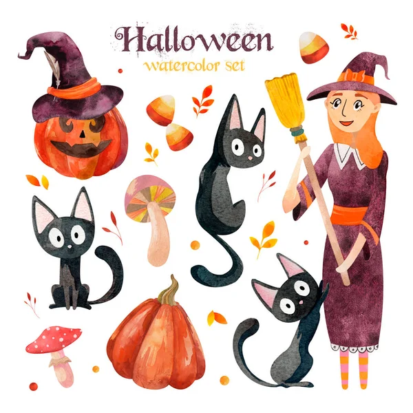 Watercolor Halloween set with cute elements for design. Little feminine Witch, black cats and pumpkin Jack — Stockvector