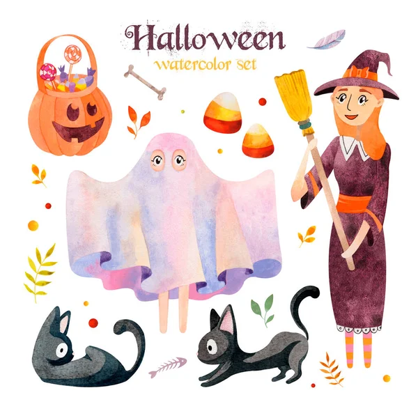 Watercolor Halloween set with cute elements for design. Little feminine Witch, black cats and ghost costume — Stockvector