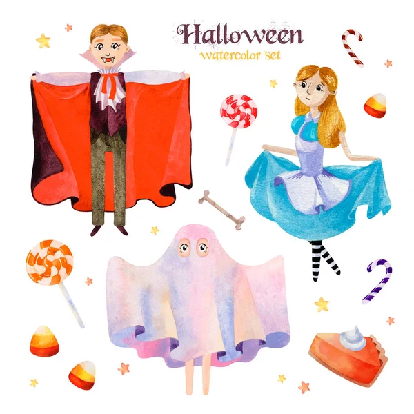 Watercolor Halloween set with cute elements for design. Costume party with vampire Dracula, Ghost and Alice — Stockvector