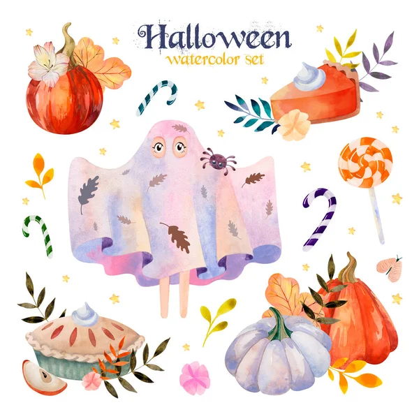 Watercolor Halloween set with cute elements for design. Costume party. Child in ghost costume and pumpkins — Stockvector