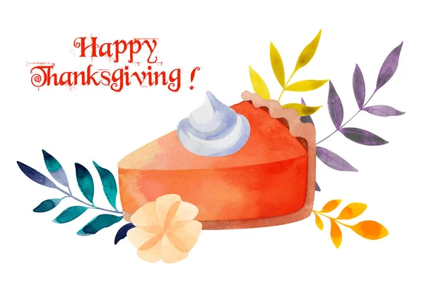 Watercolor autumn Thanksgiving postcard with pumpkin pie — Stock Vector