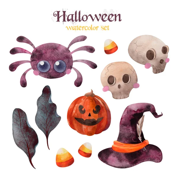 Halloween watercolor set with pumpkin Jack, sculls, cute spider and witch hat — Stockvector