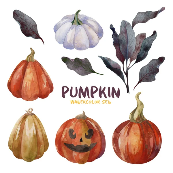 Halloween watercolor set with pumpkin Jack, blue and orange pumpkin — Wektor stockowy