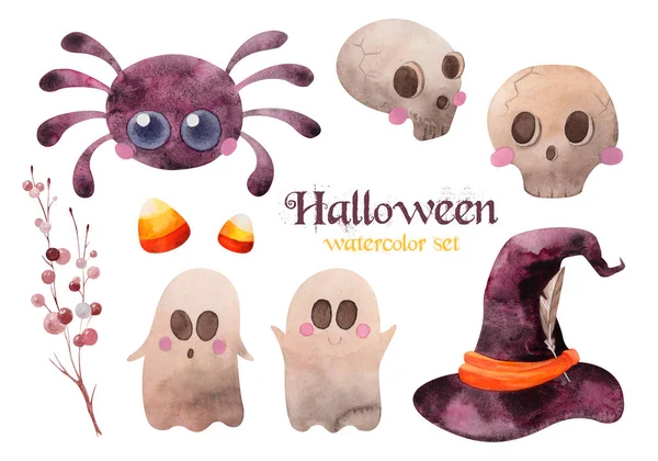 Halloween watercolor set with ghost, sculls, cute spider and witch hat — Stockvector