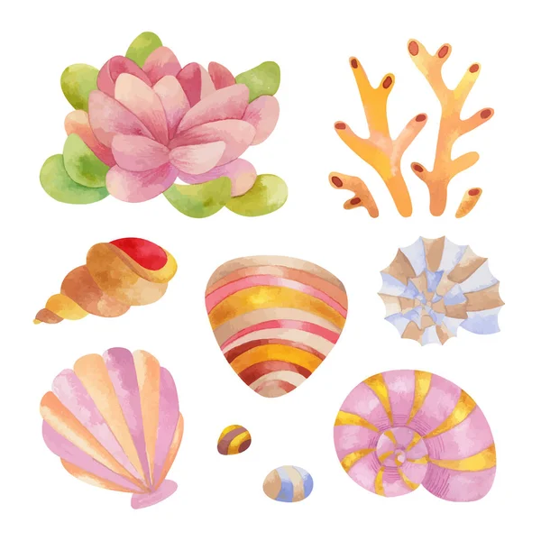 Watercolor sea set with cute sea creatures. Cute lotos, corals and shells — стоковый вектор