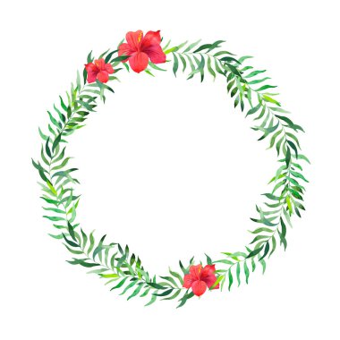 Tasarım için suluboya çerçeve, kartpostallar, tropikal yapraklı ve çiçekli davet