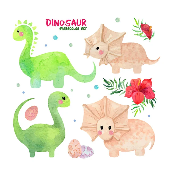 Watercolor set with cute little dinosaurs and tropical flowers — ストックベクタ