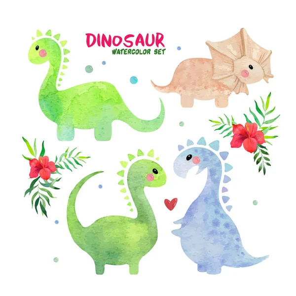 Watercolor set with cute little dinosaurs and tropical flowers — 스톡 벡터