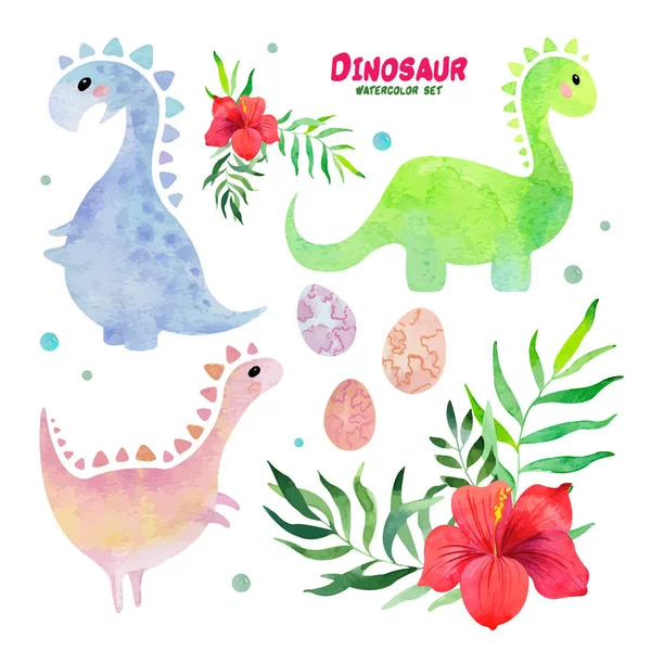stock vector Watercolor set with cute little dinosaurs and tropical flowers