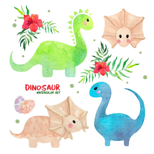 Watercolor set with cute little dinosaurs and tropical flowers — ストックベクタ