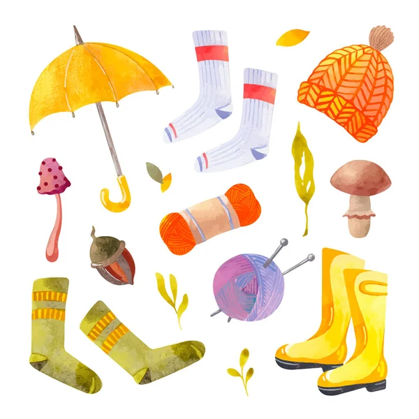 Watercolor autumn set with cute elements for design. Yellow umbrella, boots, warm hat, socks, yarn and plants — 스톡 벡터