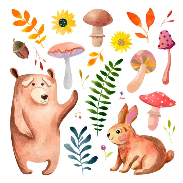 Watercolor autumn forest set with animals and plants. Cute kind bear, brown rabbit, mushrooms and leaves. — 스톡 벡터