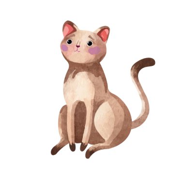 Pembe yanaklı şirin kahverengi kedi. Çocuklar için komik suluboya hayvan tebrik kartı