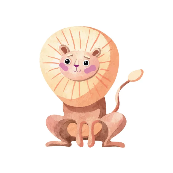 Cute Kids Lion Sitting with pink cheeks. Funny watercolor animal greeting card for children — 스톡 벡터