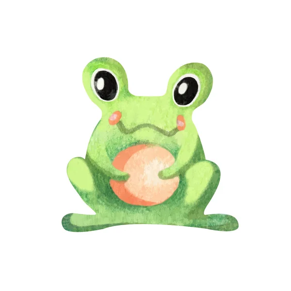 Green Cute Kids frog Sitting with pink cheeks. Funny watercolor animal greeting card for children —  Vetores de Stock