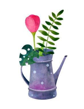 Güzel bir buket taze çiçekle sulandırılmış sulu boya kutusu. Kırmızı lale ve yeşil tropikal yapraklar