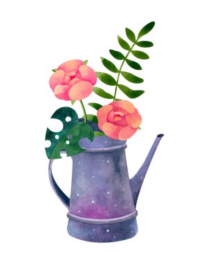 Güzel bir buket taze çiçekle sulandırılmış sulu boya kutusu. Pembe şakayıklar ve tropik canavar yaprakları.