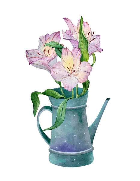 Watercolor vintage watering can with a beautiful bouquet of fresh flowers. Purple alstroemeria — ストックベクタ