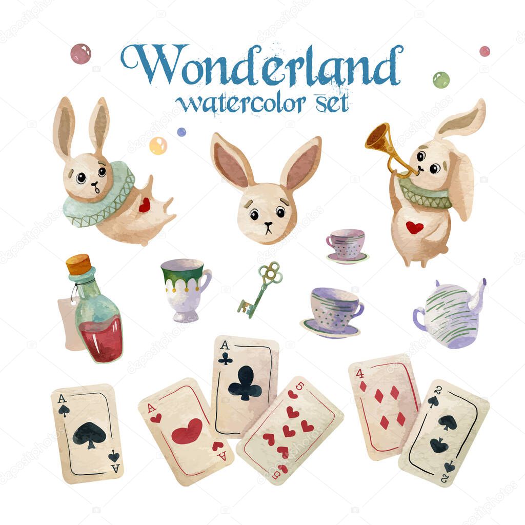 Watercolor wonderland set. Hand drawn vintage art work with white rabbit, playing cards and silver key