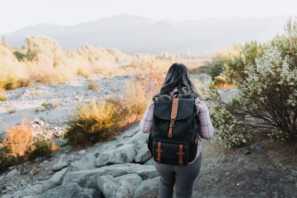 Mujer joven vista desde atrás con una mochila, haciendo trekking por el campo. — Foto de Stock