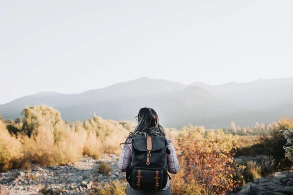 Joven viajera soltera con una mochila puesta, mirando el valle, haciendo trekking para explorar la naturaleza. Senderismo individual — Foto de Stock