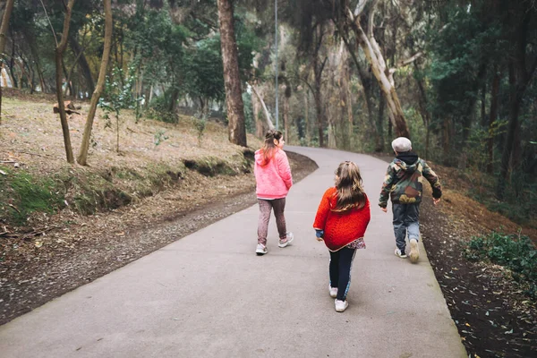Τρία Παιδιά Ρυμούλκηση Κοριτσιών Και Ένα Αγόρι Περπατώντας Και Μιλώντας — Φωτογραφία Αρχείου