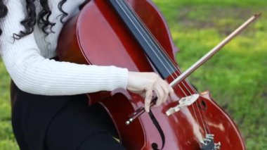 Gün batımında yeşil çimlerin üzerinde çello çalan tanınmayan kadını yakından çek. Boşluğu kopyala