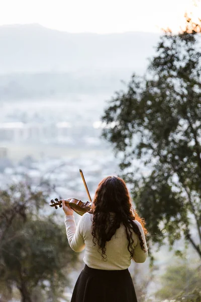 Brunette Woman Seen Back Playing Violin Mountain Vertical High Quality — Photo