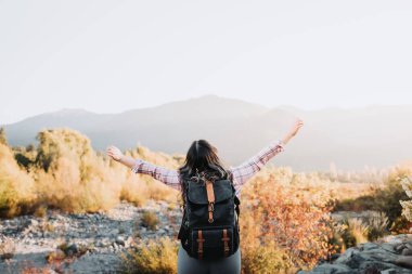 Sırt çantalı tanınmayan bir kadın zafer için kollarını kaldırıyor. Bekar gezgin. Yaz havası. Yüksek kalite fotoğraf. Boşluğu kopyala.