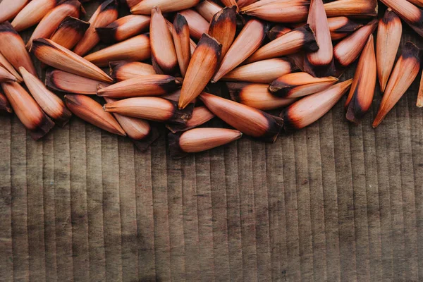 Pine Nuts Chilean Araucaria Tree Fruit Rustic Wooden Table Copy — Stock Fotó