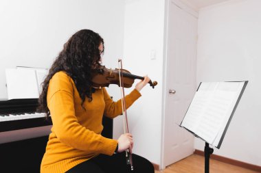 Brunette woman wearing a yellow sweater, and playing violin. High quality photo