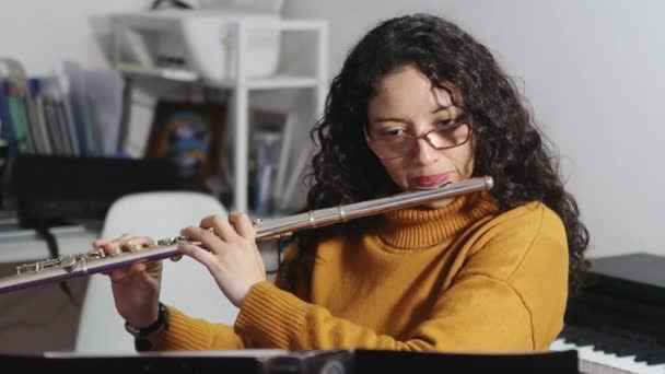 Brunette Woman Wearing Yellow Sweater Playing Transverse Flute High Quality — Vídeo de Stock