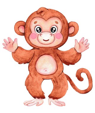 Suluboya maymun. Komik bir çizim. Tekstil, ambalaj kağıdı ve duvar dekorasyonu için uygun.