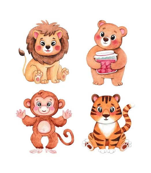 Watercolor Animals Set Four Animals Drawn Hand Lion Cub Tiger — Stock Photo, Image