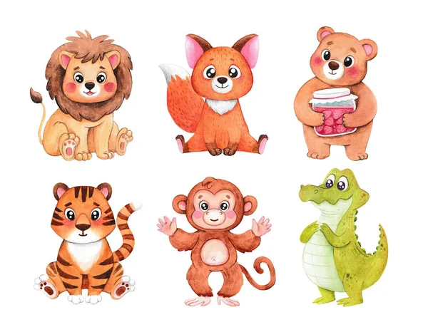 Large Set Animals Painted Watercolor Cute Little Animals Lion Fox — Stock Photo, Image