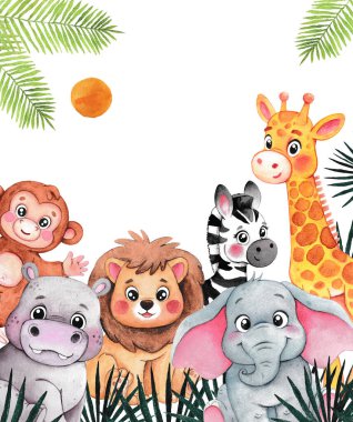 Afrika hayvanlarıyla suluboya çerçeve. Çocuk tatilleri. Fil, aslan, zürafa, maymun, su aygırı, zebra.