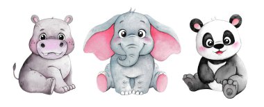 Suluboya hayvanlar. Hippo, Fil, Panda. Duvarları süslemek, kumaş ya da kartpostallara basmak için kullanılabilir..