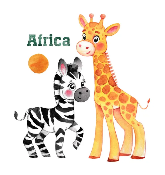 Aquarell Afrikanische Tiere Niedliches Zebra Und Süße Giraffe Vereinzelte Tiere — Stockfoto