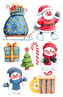Suluboya Noel seti. Sevimli karakterler. Kardan adamlar, Noel Baba, hediye, Noel ağacı. Çıkartmalar.