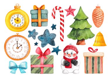 Yeni yıl suluboya seti. Şenlikli bir kardan adam. Noel zamanı. Bir kaç çıkartma..